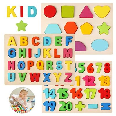 Bellestyle Puzzle In Legno Multicolore Alfabeto Abc Lettere Numeri Forme In Legno Puzzle Tavoletta Manopola Montessori Apprendimento Precoce Educativo Giocattoli Giochi Set Per Bambini 3 Pezzi 0