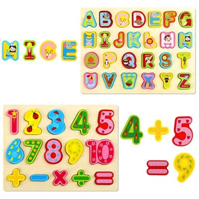 Gwhole 2 Pz Puzzle In Legno Per Bambini Set Giochi Bambino Montessori Giocattoli Educativi Numeri Lettere Alfabeto 3d Strumenti Didattici Scuola Materna 0