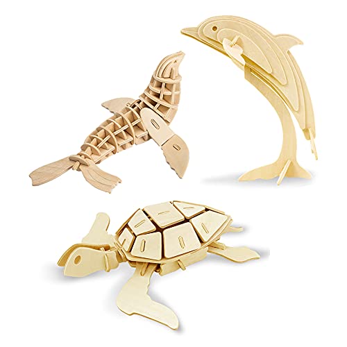 Georgie Porgy Puzzle In Legno 3d Collezione Di Modelli Animali Traffico Confezione Da 3 Kit Per Costruzioni In Legno Kids Jigsaw Toy Eta 5 Leone Marino Tartaruga Delfino 0