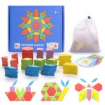 Helldoler 155 Blocchi Modello In Legno Set Puzzle Di Forma Geometrica Classico Grafico Educativo Tangram Montessori Giocattoli Con 24 Pezzi Di Carte Di Design Per Bambini 0