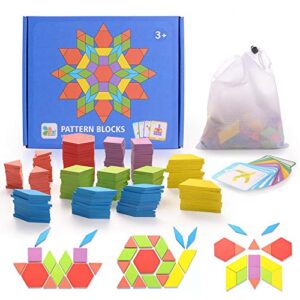 Helldoler 155 Blocchi Modello In Legno Set Puzzle Di Forma Geometrica Classico Grafico Educativo Tangram Montessori Giocattoli Con 24 Pezzi Di Carte Di Design Per Bambini 0